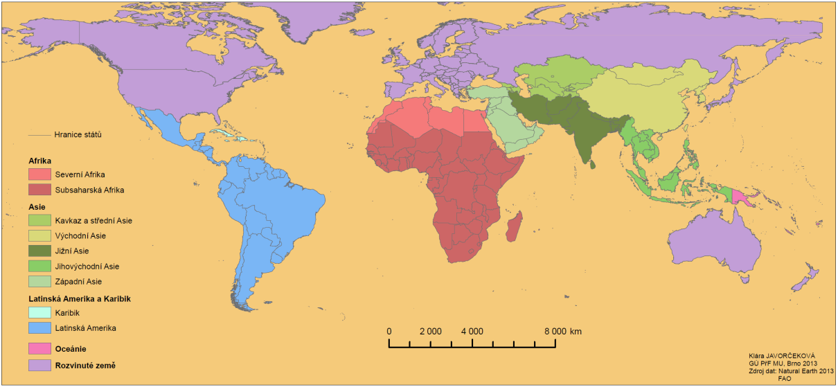 Obr. 2 Rozdělení zemí do jednotlivých regionů dle FAO Zpracováno podle: FAO (Food security indicators) Datové údaje poskytované FAO nebyly jediné, které se v této diplomové práci objevily.