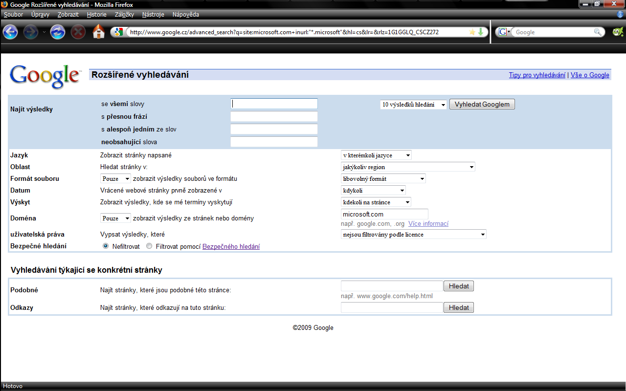 Obrázek 4: Formulář pokročilého vyhledávání 5.3. Výsledky vyhledávání Stránka, kterou zobrazí Google po vyhledání dotazu, neobsahuje pouze výsledky v podobě odkazů, ale i mnoho dalších informací.