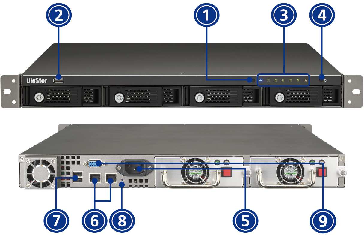 instalační manuál 1.4 VS-4016U-RP 1. Tlačítko automatické archivace 2. Konektor USB 2.0 3. Kontrolky LED: USB, Stav, HDD1 HDD4, LAN 4. Tlačítko napájení 5. Konektor napájení 6.