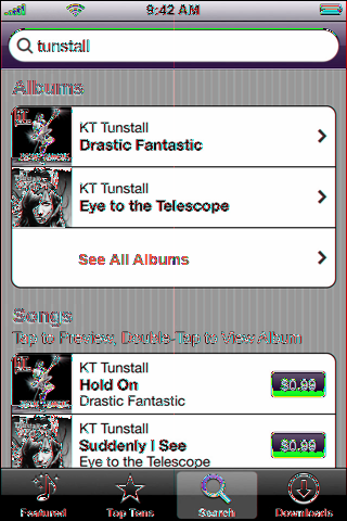 Hledání skladeb a alb: Klepněte na Search, klepněte do pole hledání, zadejte jedno nebo více slov a znovu klepněte na Search. Zobrazení skladeb alba: Klepněte na album.