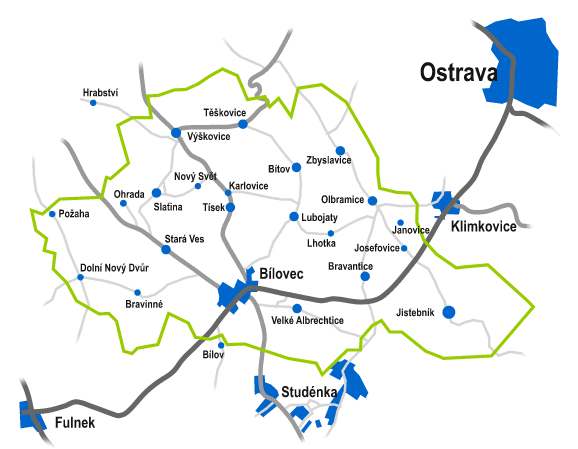 Obrázek 15: Mapa Mikroregionu Bílovecko Zdroj: www.bilovecko.cz Mikroregion Bílovecko, a tedy také Klimkovice, je od 1.9.2013 členem v Místní akční skupině Regionu Poodří (dále jen MAS Poodří).