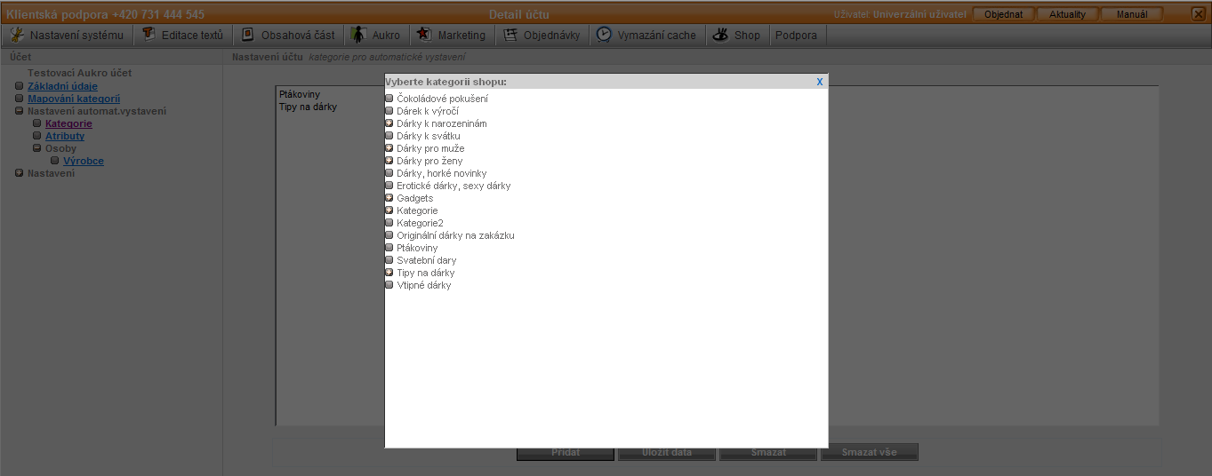 214 / 256 Po zvolení Aukro účtu, pro který se mají zobrazit kategorie Aukra, bude možno ke každé kategorii e- shopu přiřadit kategorii Aukra.