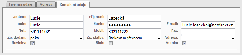 225 / 256 Kartu zákazníka tvoří tři záložky: Firemní údaje - zde je jméno, příjmení, fakturační údaje, možnost editace interních poznámek a editace cenové hladiny v poli Ceník pomocí roletky.