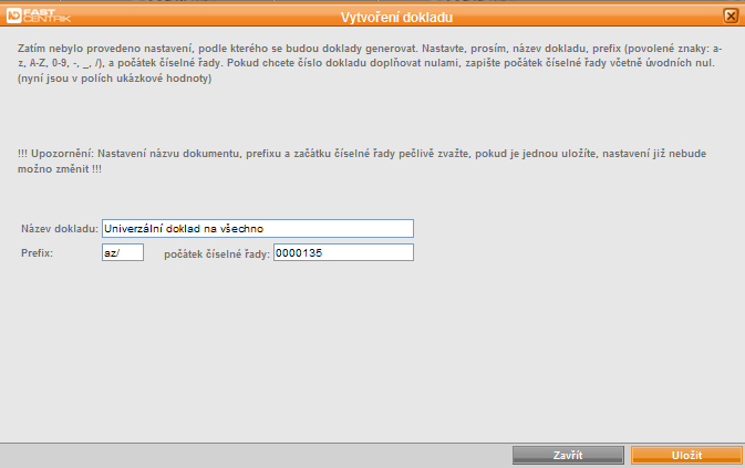 243 / 256 Při prvním stisknutí tlačítka Vygenerovat doklad v části Editace objednávek budete vyzváni k nastavení Názvu dokladu, Prefixu a počátku číselné řady, podle které se budou všechny doklady