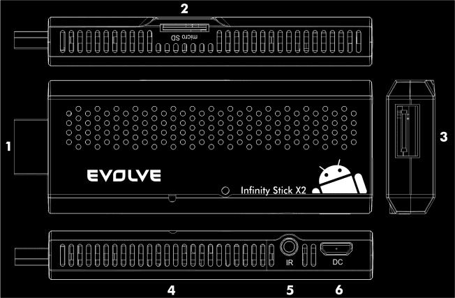 Vážený zákazník, ďakujeme, že ste si vybral EVOLVEO Infinity Stick X2. Veríme, že Vám prinesie veľa zábavy a spokojnosti. Popis a pripojenie 1. HDMI konektor 2.