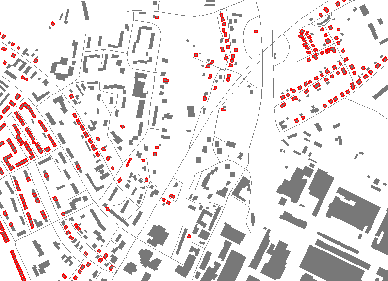 220 m 2. Výběr byl dále upřesněn vyloučením objektů, které neobsahují údaje o adrese. Výstupem takovéto analýze pak bylo rozložení rodinných domů v zástavbě. Viz Obr. č. 5.