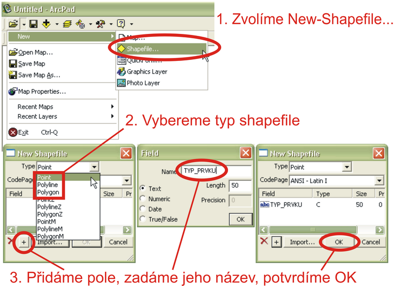 2.4. ARCPAD Obrázek 2.10: ArcPad - Založení nového shapefile běh. Vyjdeme z toho, že mapovaným objektům (mapovým značkám) přiřazujeme atributy podle závazného mapového klíče ISOM 2000.