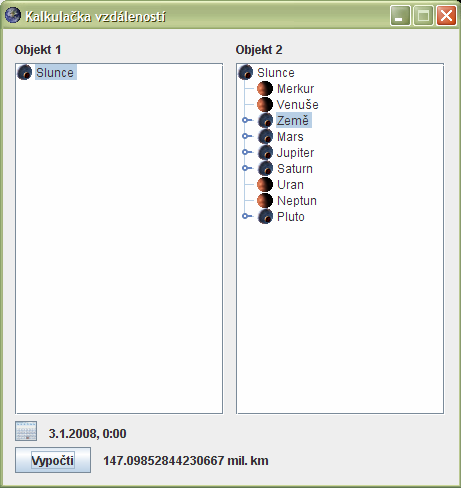 Simulátor sluneční soustavy 49 5.3 Ostatní funkce programu a srovnání s jinými zdroji 5.3.1 Kalkulačka vzdáleností Jako referenční bod si zvolíme čas při průchodu Země pericentrem.