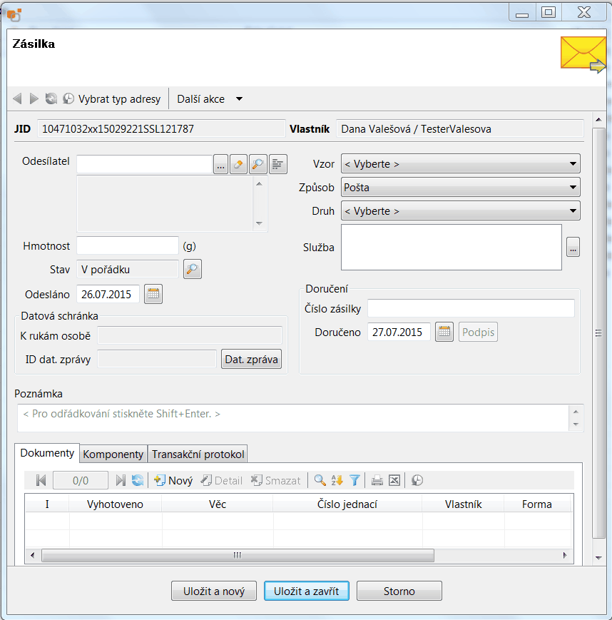Příjem 17 Ve formuláři jsou předvyplněny údaje: JID (jednoznačný identifikátor) - nelze přepsat Vlastník = jméno a příjmení pracovníka, který zásilku zapsal Odesláno (aktuální datum - 1) - lze změnit