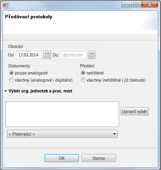 44 12 KEO4 Podatelna Evidence předávacích protokolů Do složky předávacích protokolů se vstupuje přes dialog pro zadání podmínek pro tisk sestavy: Obsluha zadá: Časové rozmezí - datum od - do: Vybere,