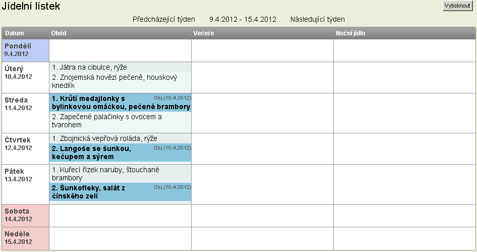 3. Menu Stravování 3.1. Stravování Jídelní lístek Stránka slouží k zobrazení týdenních jídelních lístků a objednávání stravy prostřednictvím PC. Objednaná jídla jsou zvýrazněna tučným písmem.