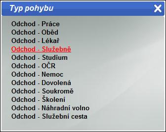 Zadaný čas musí být v dvouciferném tvaru, například 08:05 a ne 8:5. Zadaný čas nemůže být starší než poslední pohyb v docházce.