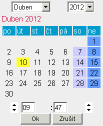 B Datum a čas, ikony B1 Datum a čas kliknutím na ikonu datum a čas se zobrazí okno kalendáře, ve kterém může uživatel s právem update nastavit Měsíc vybereme v rozbalovacím seznamu Rok vybereme v