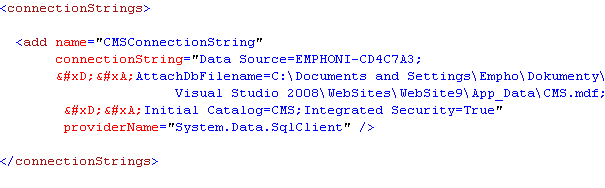 4.7 Web.config Stránka by se ovšem nikdy nezobrazila správně, pokud bych nenastavil connection string v konfiguračním souboru samotného projektu, který je logicky pojmenován web.config. Soubory.