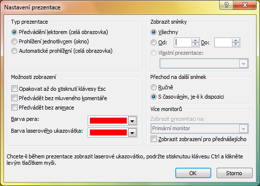 Nastavení prezentace Prezentace
