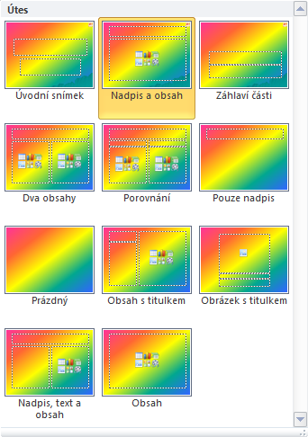 Rozložení (rozvržení) snímku určuje, které základní (výchozí) objekty se budou na snímku