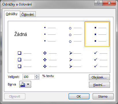 5.3 Seznamy (číslované a s odrážkami) Pro formátování seznamů či zvýraznění bodů využijte funkci Odrážky a číslování z menu Formát; odpovídající tlačítka najdete také na kartě Domů.