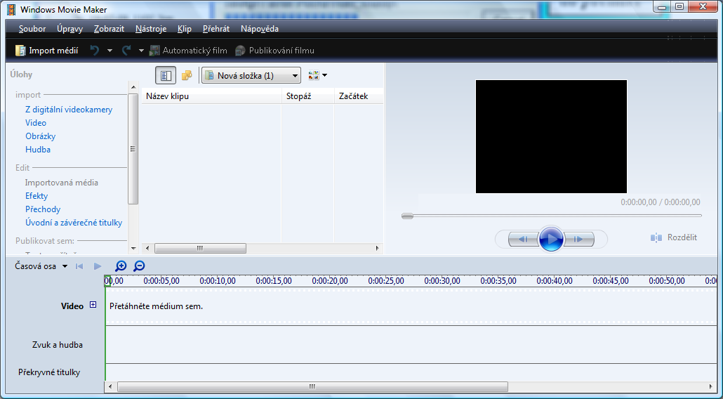Movie Maker. Obrázek 73 Vzhled prostřední programu Windows Movie Maker při prvotním strartu.
