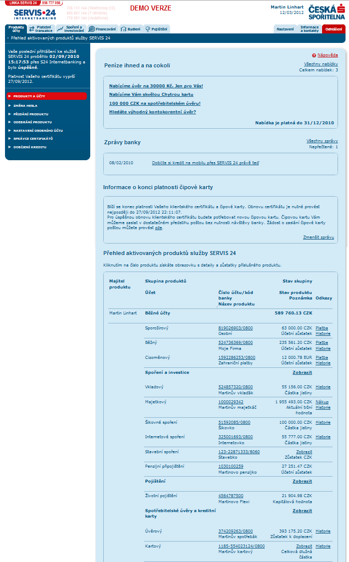 Obr. 13 Úvodní strana po přihlášení (ČSAS) 40 40 Veškeré údaje jsou smyšlené a veřejně dostupné v DEMO verzi