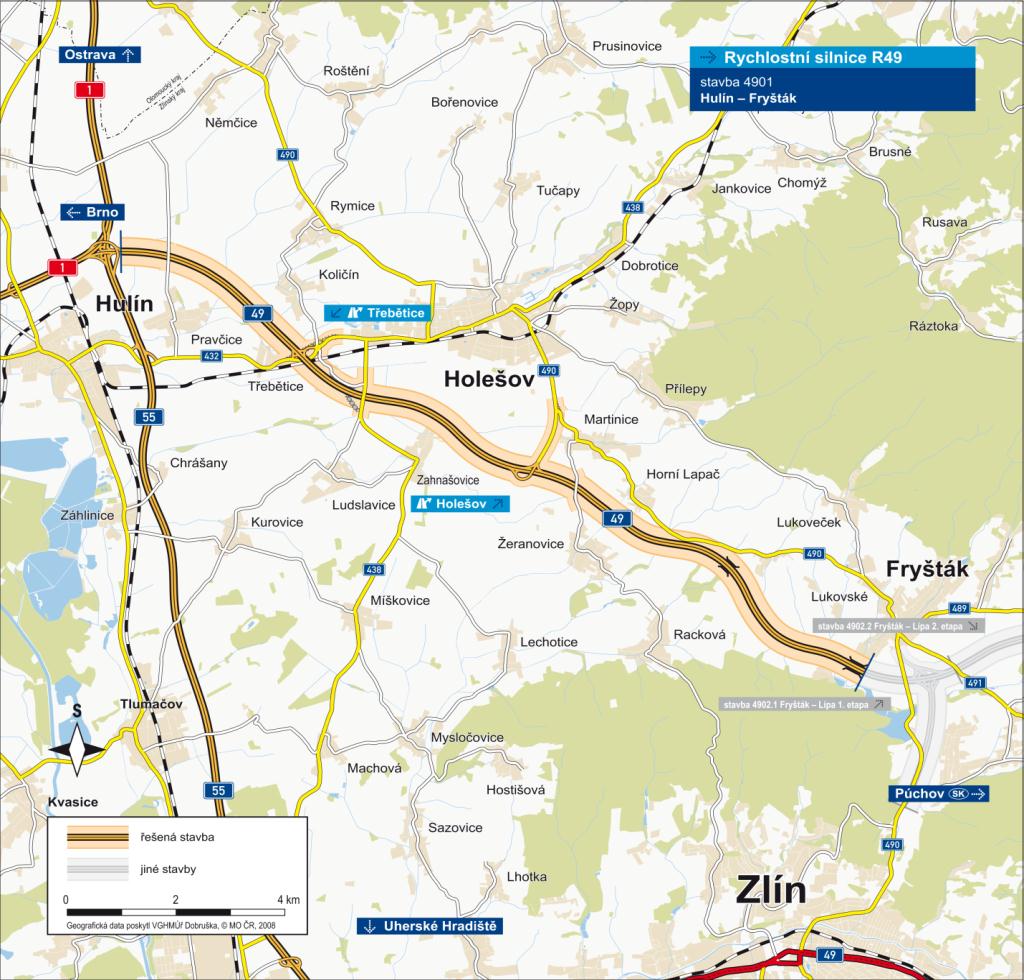 1 Rychlostní silnice R49 stavba R49 4901 Hulín Fryšták DATA O STAVBĚ Hlavní trasa délka: 17 300 m kategorie: R 24,5/120 plocha vozovek: 445 000 m 2