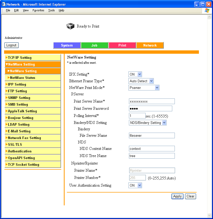 3 Nastavení tiskových ovladačů 6 V režimu administrace PageScope Web Connection zvolte "NetWare Setting" pod záložkou Network a proveďte následující nastavení. IPX Setting: Zvolte "ON".