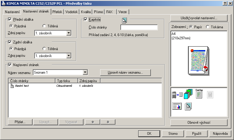Nastavení ovladače tiskárny 4 Záložka Nastavení stránek Tisk dokumentů s přední/zadní obálkou 1 Klepněte na záložku Nastavení stránek. 2 Označte políčka "Přední obálka" a "Zadní obálka".