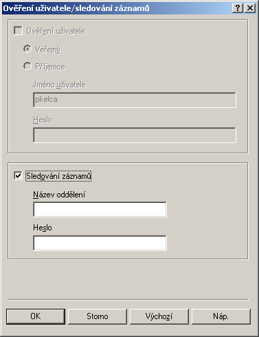 Nastavení ovladače tiskárny 4 3 Označte políčko "Sledování záznamů" a poté zadejte název oddělení aheslo.