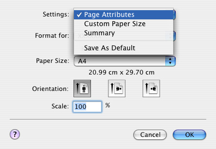 Nastavení ovladače tiskárny 4 Page setup (nastavení stránky) Základní nastavení (Page Attributes) 1 Zvolte "Page Setup" nebo "Paper Setup" z nabídky "File".