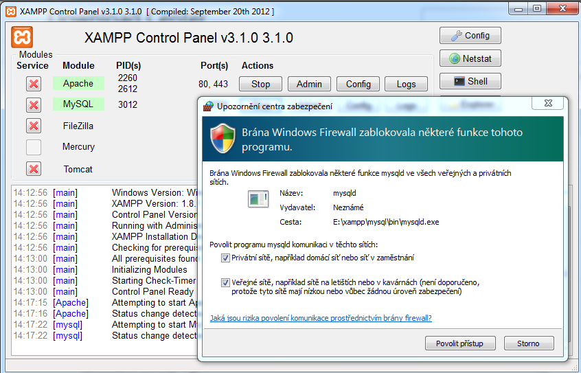 4. PRVNÍ SPUŠTĚNÍ - Nutno povolit (port 80) na Firewallu Windows upozorní automaticky, uživatel musí