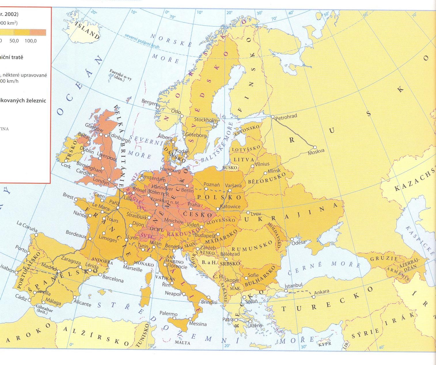 Mapa železniční sítě v Evropě