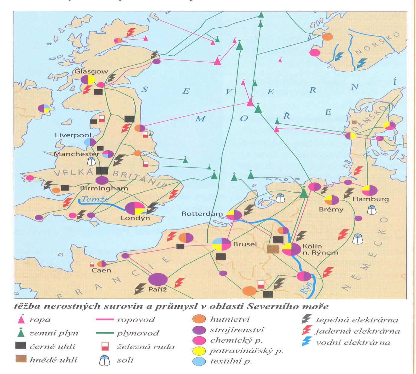 Mapa těžby nerostných surovin a průmyslu v oblasti Severního moře Novější