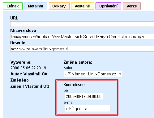 Jak změnit autora článku Pokud má být autor článku jiný než aktuálně přihlášený redaktor, pak autora lze nastavit na záložce Metainfo v sekci Změna autora. V roletce Autor vyberte požadovaného autora.