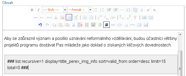 3. V horní části vybíráte, ze které části webu se má seznam vytvářet kořen webu seznam podčlánků z nejvyšší úrovně celého webu, aktuální článek (výchozí volba) vypíše seznam podčlánků editovaného