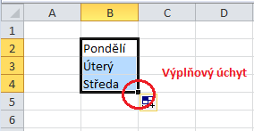 Tažením za výplňový úchyt je další možností jak zadávat data. Při této akci popisek informuje o tom, jaká data budou vkládána.