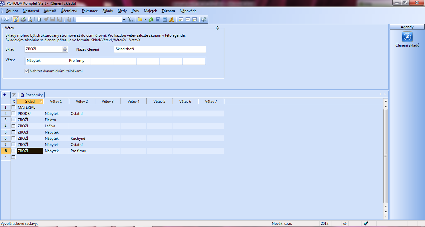 2. zatřídit dle členění skladů Zde máte možnost určit sklad v Pohodě,