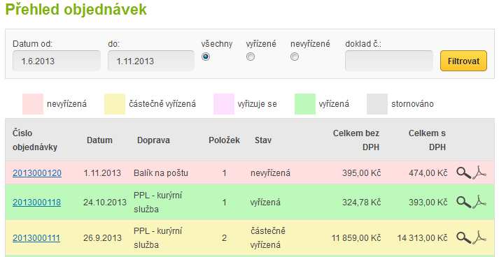 V poslední sekci Položky objednávky je možnost nastavení stavu ke každé položce objednávky a změny množství (počtu ks) v objednávce.