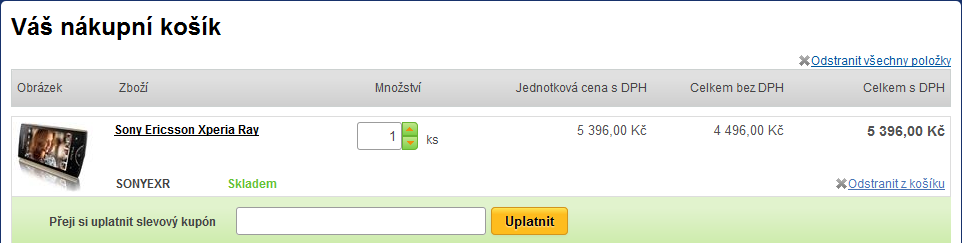 V nastavení lze zapnout/vypnout zobrazování pole pro zadání slevového kódu v košíku. Tuto funkci naleznete v administrační části Nastavení administrace/nastavení e-shopu/objednávkový proces.