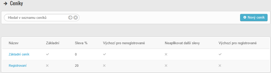 Pokud existuje v systému více ceníků, může provozovatel shopu zvolit, který ceník je přiřazován všem neregistrovaným návštěvníkům a který ceník je přiřazován registrovaným zákazníkům.