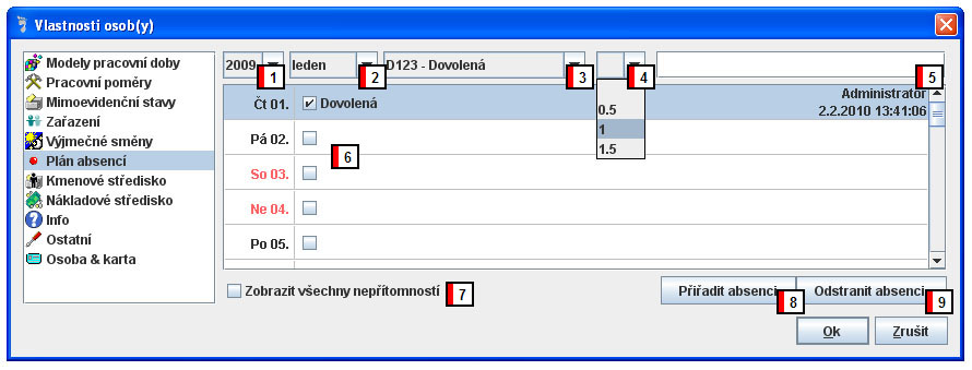 6. Nastavení Popis zobrazených sloupců: 1. název pracovního zařazení 2. počáteční datum pracovního zařazení 3. koncové datum pracovního zařazení 4. datum poslední změny údaje 5.