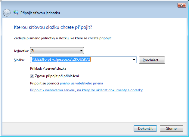 7 PRAKTICKÁ ANALÝZA ZVOLENÉHO PŘÍSTUPU K POLI Obrázek 32: Průvodce připojením ke sdílenému adresáři v