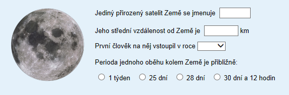 Základní moduly činností v Moodle 8 Test 8.1.10 Doplňovací úloha (cloze) Tento typ úlohy umožňuje vytvořit komplexní úlohu složenou z libovolného počtu podotázek různých typů (viz Obr. 8.18). Obr. 8.18 Ukázka Doplňovací úlohy (cloze) Doplňovací úloha má pouze standardní možnosti nastavení, přičemž vše podstatné se specifikuje v rámci textu úlohy.