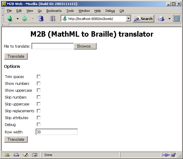 B.1. UŽIVATELSKÁ DOKUMENTACE Obrázek B.2: Webová aplikace M2B v prohlížeči Mozilla B.1.4 Webová aplikace Webová aplikace je distribuována pomocí systému Web Application Archive (WAR).
