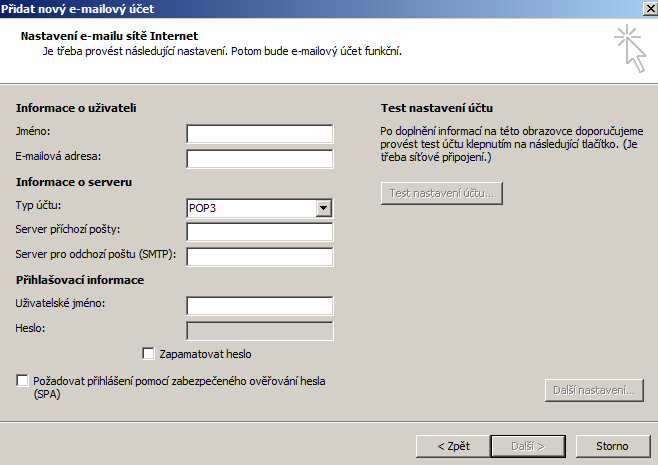 Nyní vyplníme naše jméno a příjmení (např. Pepa Novák) a e-mailovou adresu (novak@neofema.cz) Z nabídky Typ účtu vybereme POP3. Jako server odchozí a příchozí pošty nastavíme slunecnice.neofema.cz (obě políčka stejně).