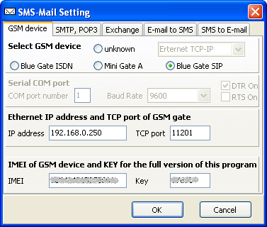 Hlavní okno programu a základní nastavení Rozhraní pro připojení ke GSM bráně Pole pro vložení registračního klíče k IMEI Další možnosti nastavení programu Start a stop dávkového zpracování Výběr GSM