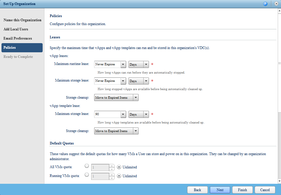 Obrázek 8: Setup SMTP 3.3.4 Policies (Nastavení pravidel pro provoz a používání vapps), Zde se provádí nastavení leases.