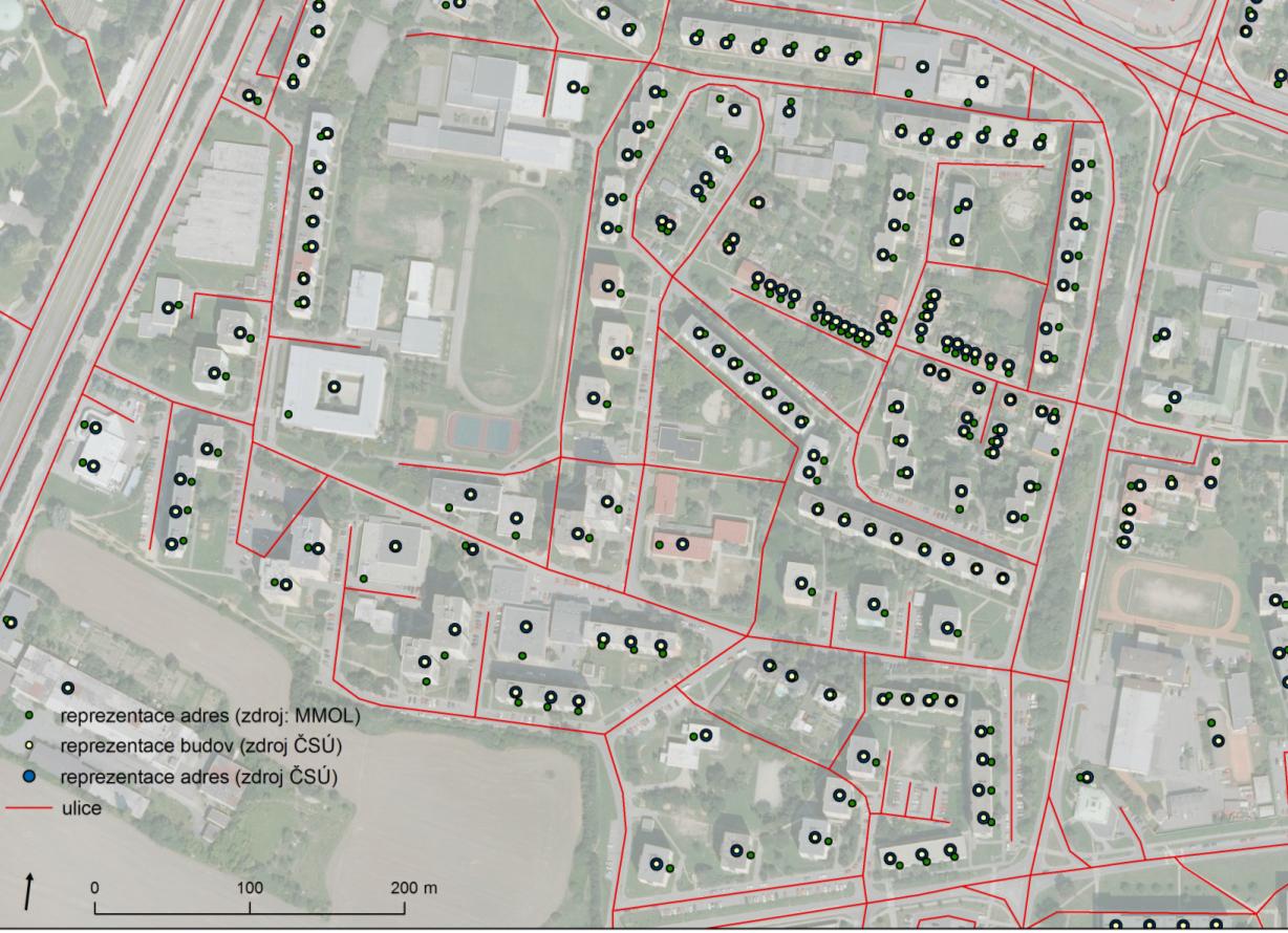 Obr. 4. Adresní body z různých zdrojů (MMOL, ČSÚ). Tématická data Tématická data obsahují záznamy jednotlivých adres (příp. majitelů objektů), ze kterých je svážen komunální odpad.