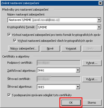 2. V položce Název nastavení zabezpečení se objeví: Nastavení S/MIME a odpovídající e-mail. (případně doplňte jiný vhodný text).