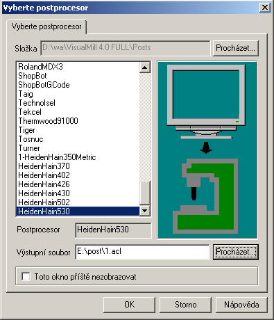 Začínáme s VisualMillem do políčka Výstupní soubor zadáte jeho název. Dvojím kliknutím na příslušný postprocesor bude zahájen postproces. Dialogové okno zmizí a bude spuštěn postproces.