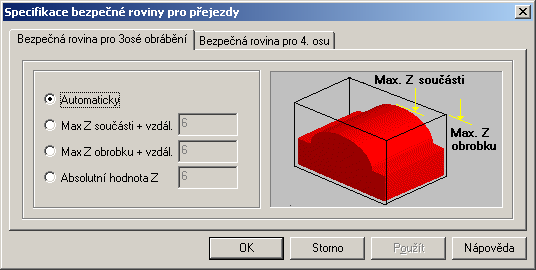 Začínáme s VisualMillem Bezpečná rovina VisualMill umožňuje nastavení výchozí bezpečné roviny pro přejezdy různými směry.