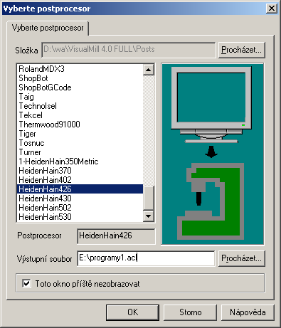 Začínáme s VisualMillem Verze 4.0 Postproces Po vytvoření obráběcích operací máte možnost poslat program přes postprocesor na specifický řídicí systém stroje.